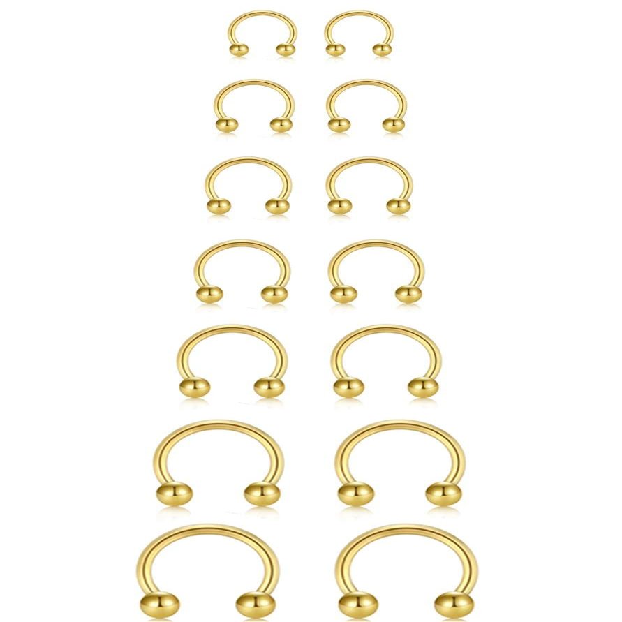 20G Horseshoe Septum Nose Nostril Ring Hoop, 7 Pairs Circular Curved Barbell Externally Threaded, Silver Small Body Piercing Jewelry Set for Lip Eyebrow Nipple Belly labret Daith Tragus Helix Cartilage Rook Multiple Piercing Smiley ( Ball 6MM - 14MM)