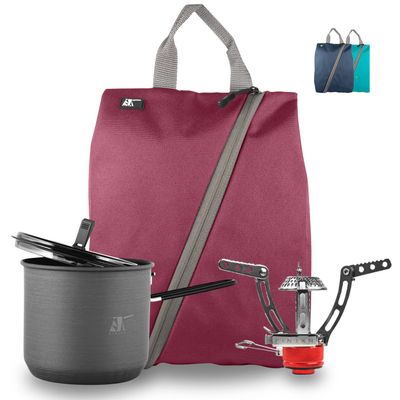 FINJAN Backpack Cooking Kit Camping Set Ultralight for 2 People, EX Easy Store Coffee Pot, Portable Travel Burner Stove, Water Resistant Case. Small Light Compact for Boiling Water Coffee Tea.