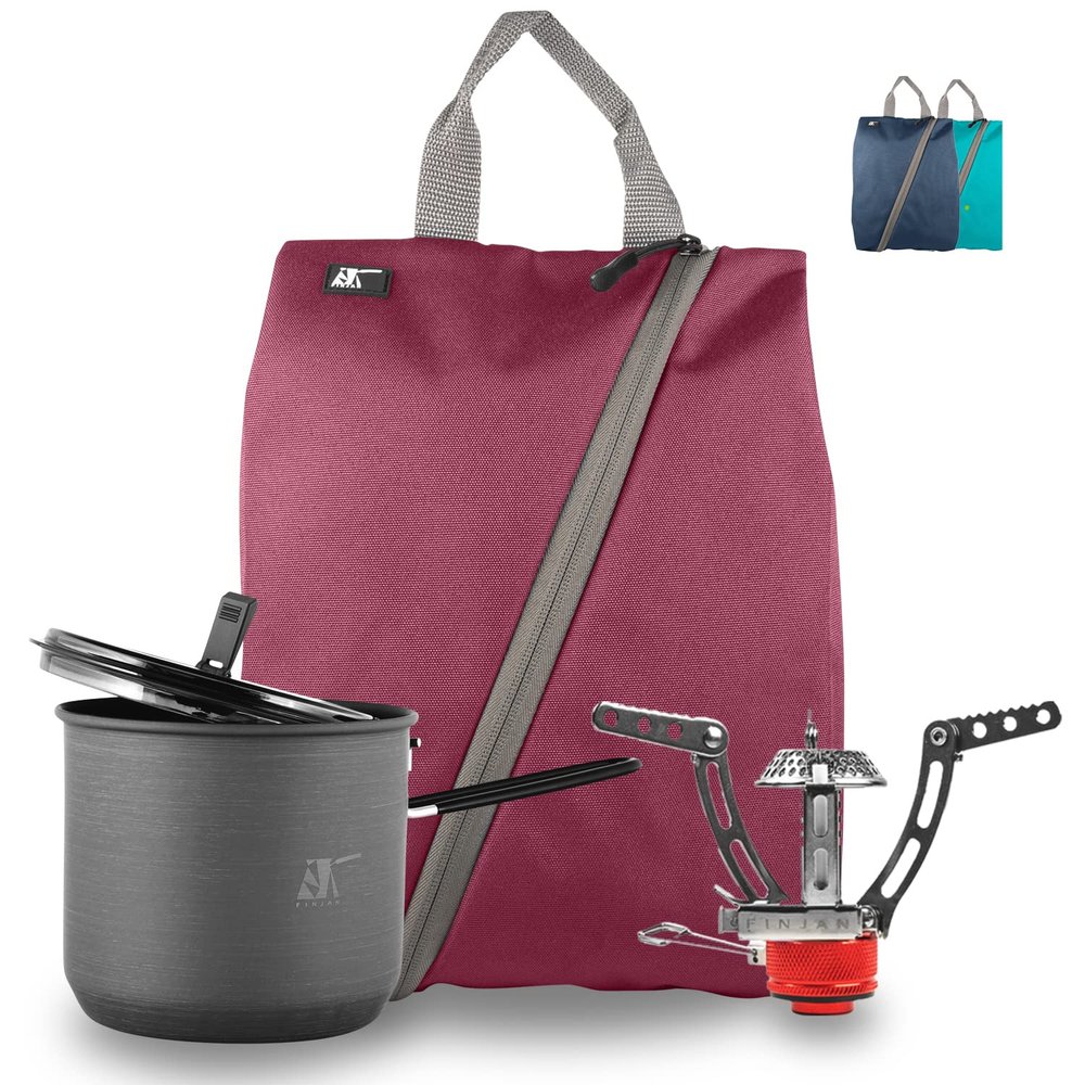 FINJAN Backpack Cooking Kit Camping Set Ultralight for 2 People, EX Easy Store Coffee Pot, Portable Travel Burner Stove, Water Resistant Case. Small Light Compact for Boiling Water Coffee Tea.