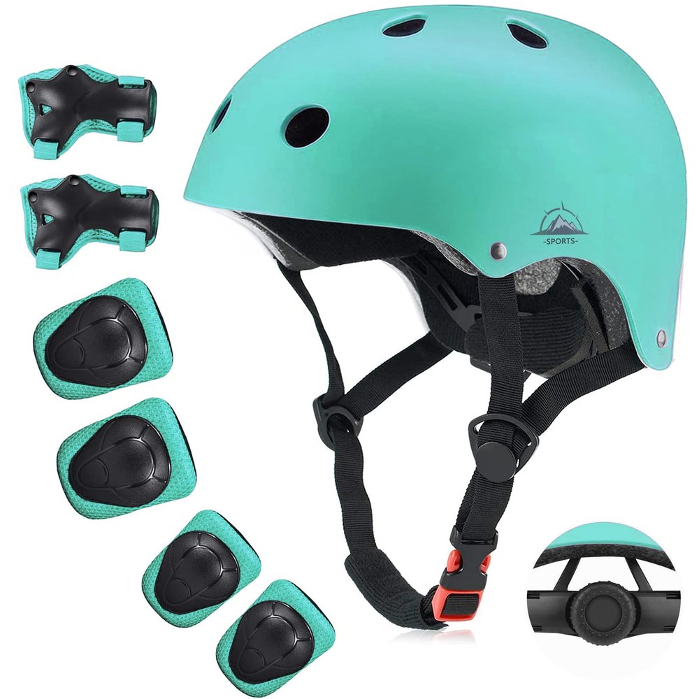 Kids Bike Helmet for Ages 5-15, Adjustable Safety Toddler Helmet with Protective Gear Set, Skateboard Scooter Helmets with Knee Elbow Pads Wrist Guards for Boys Girls (Medium, Pink) (Medium, Green)