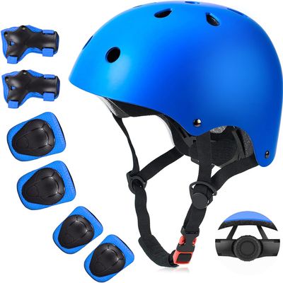 Kids Bike Helmet for Ages 5-15, Adjustable Safety Toddler Helmet with Protective Gear Set, Skateboard Scooter Helmets with Knee Elbow Pads Wrist Guards for Boys Girls (Medium, Pink) (Medium, Blue)