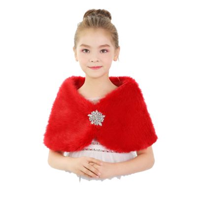 Girls Princess Faux Fur Wraps Shawl Girls Bolero Shrug Party Wedding Dress Cape (Red)