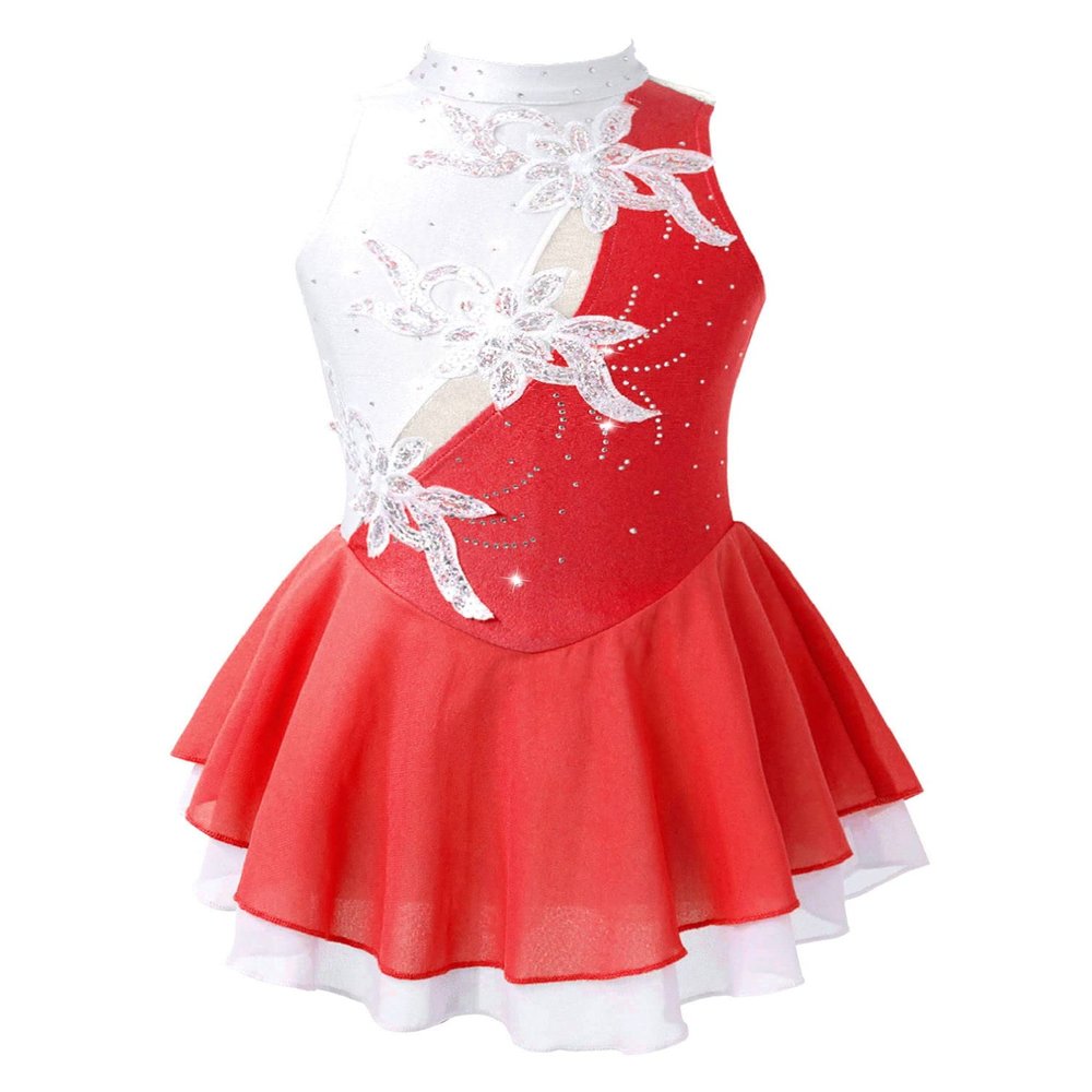 Agoky Kids Girls Floral Print Mock Neck Figure Ice Skating Gymnastic Dress Sequin Ballet Lyrical Jazz Modern Dance Dress Burgundy&White 14 Years