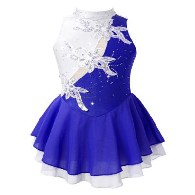 Agoky Kids Girls Floral Print Mock Neck Figure Ice Skating Gymnastic Dress Sequin Ballet Lyrical Jazz Modern Dance Dress Blue&White 16 Years
