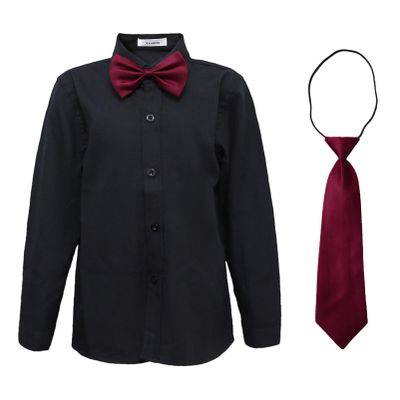 Boys Uniform Dress Shirt Cotton Long Sleeve Button Down Black Tops with Tie & Bowtie Set for School Church Wedding, 170