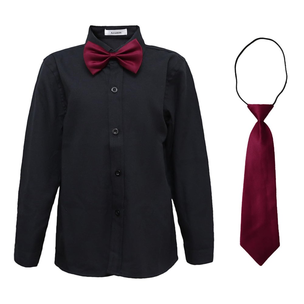 Boys Uniform Dress Shirt Cotton Long Sleeve Button Down Black Tops with Tie & Bowtie Set for School Church Wedding, 170
