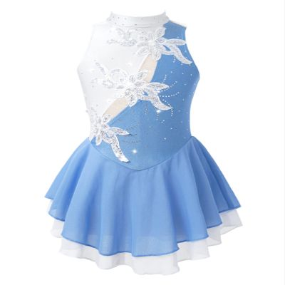 Agoky Kids Girls Floral Print Mock Neck Figure Ice Skating Gymnastic Dress Sequin Ballet Lyrical Jazz Modern Dance Dress Light Blue 14 Years