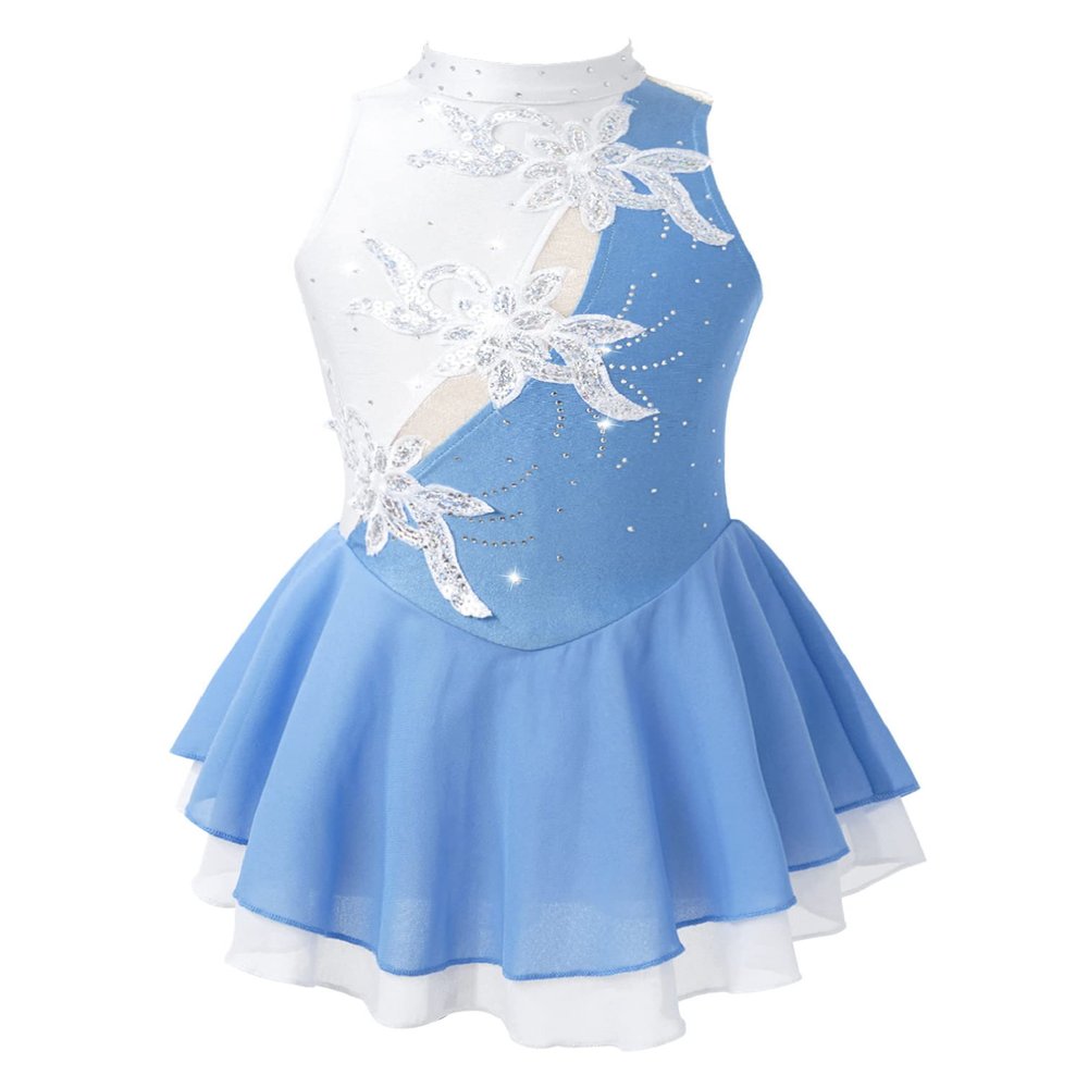 Agoky Kids Girls Floral Print Mock Neck Figure Ice Skating Gymnastic Dress Sequin Ballet Lyrical Jazz Modern Dance Dress Light Blue 14 Years