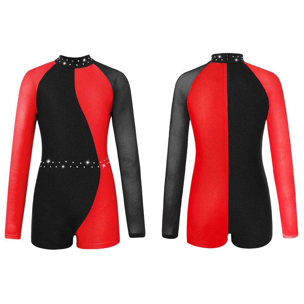 Agoky Kids Girls Ballet Dance Unitard Yoga Outfit Long Sleeve Biketard Rhinestone Gymnastics Leotard Athletic Tracksuit Red 6 Years