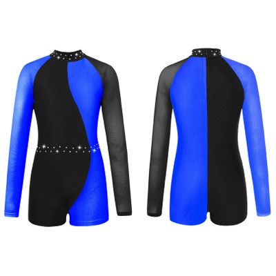 Agoky Kids Girls Ballet Dance Unitard Yoga Outfit Long Sleeve Biketard Rhinestone Gymnastics Leotard Athletic Tracksuit Royal Blue 6 Years