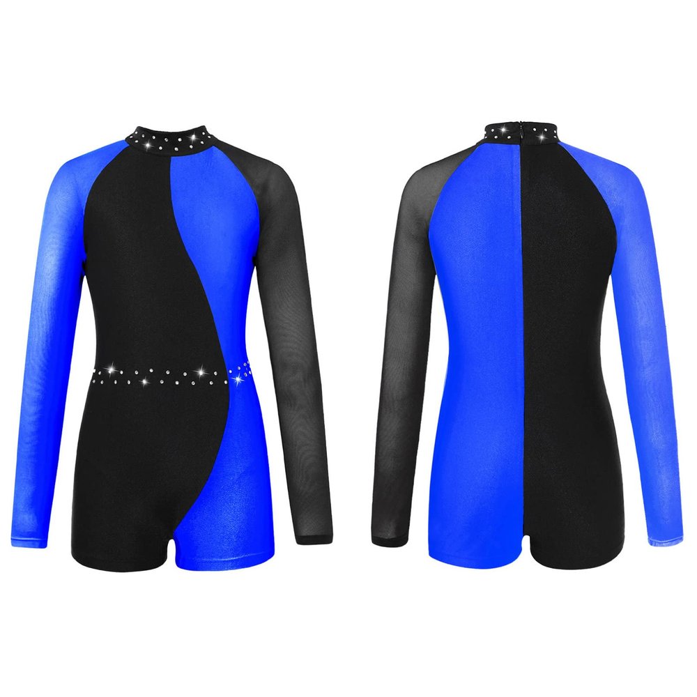 Agoky Kids Girls Ballet Dance Unitard Yoga Outfit Long Sleeve Biketard Rhinestone Gymnastics Leotard Athletic Tracksuit Royal Blue 6 Years