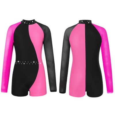 Agoky Kids Girls Ballet Dance Unitard Yoga Outfit Long Sleeve Biketard Rhinestone Gymnastics Leotard Athletic Tracksuit Rose 8 Years