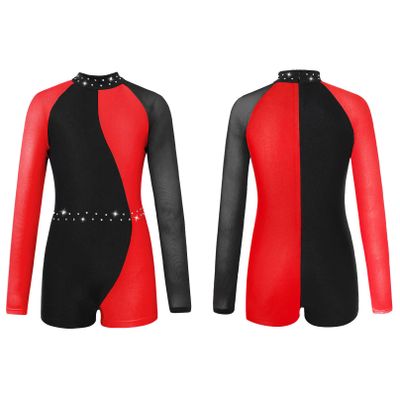 Agoky Kids Girls Ballet Dance Unitard Yoga Outfit Long Sleeve Biketard Rhinestone Gymnastics Leotard Athletic Tracksuit Red 8 Years