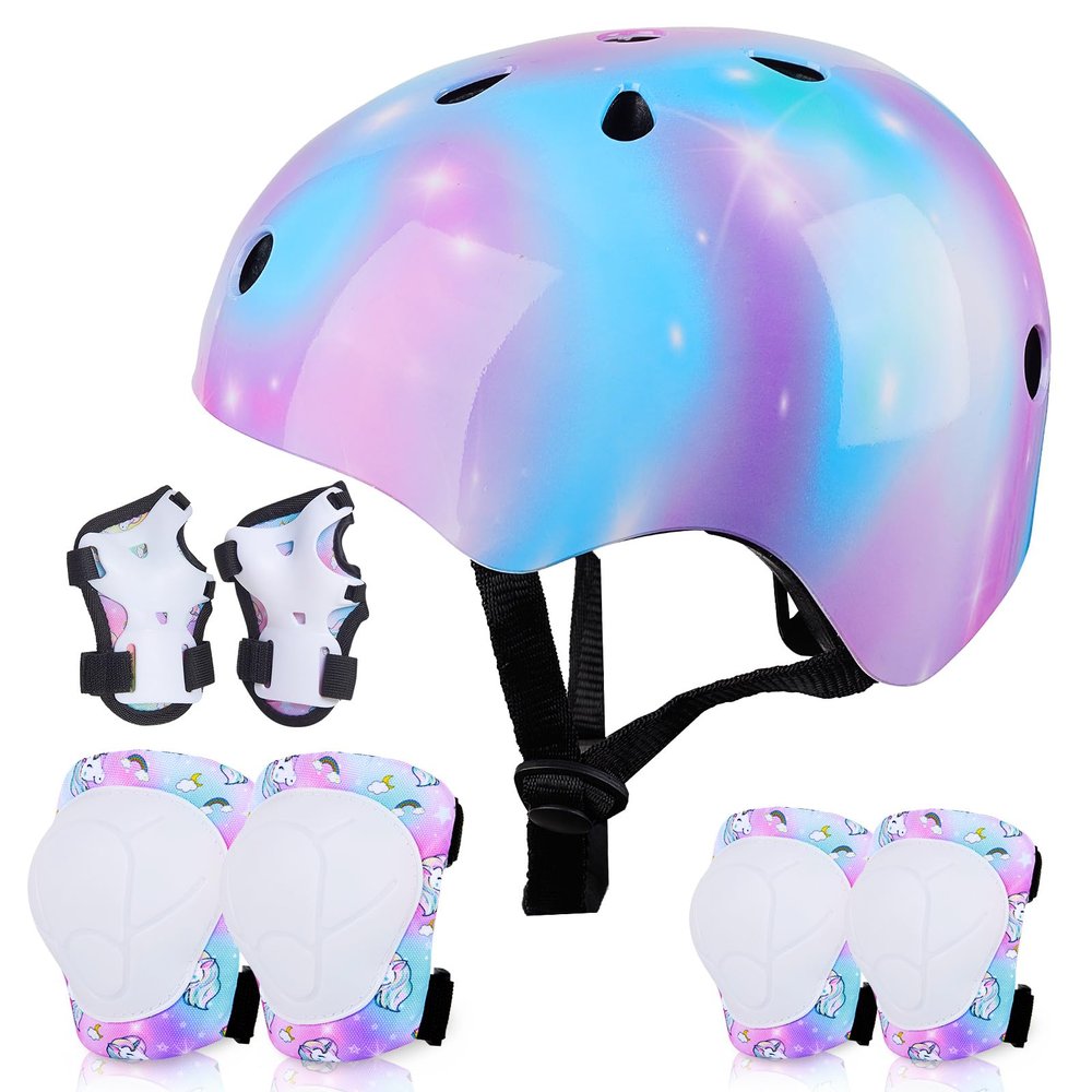 FIODAY Kids Helmet Knee Pads for Kids Unicorn Knee and Elbow Pads Wrist Guards Adjustable Protective Gear Set for Girls Boys Sports Skateboard, Blue Purple, 3-8 Years