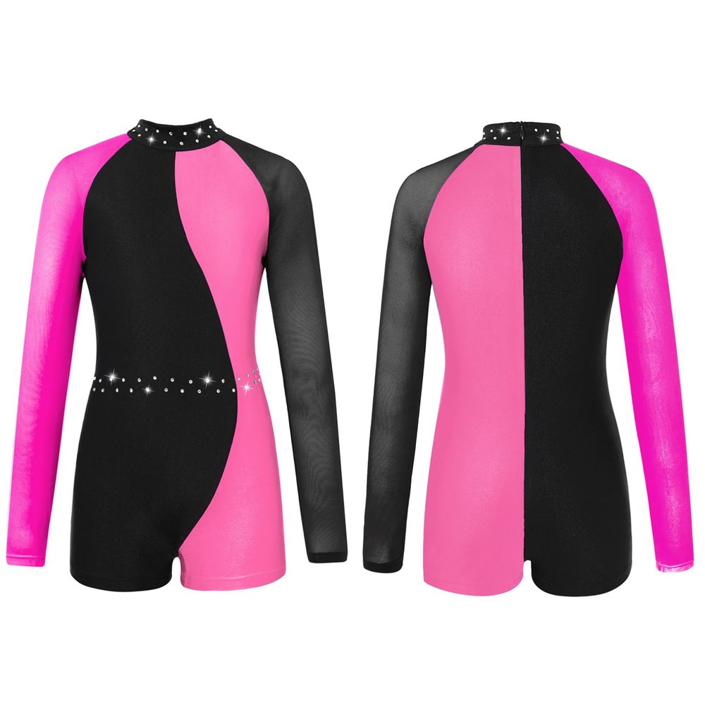 Agoky Kids Girls Ballet Dance Unitard Yoga Outfit Long Sleeve Biketard Rhinestone Gymnastics Leotard Athletic Tracksuit Rose 10 Years