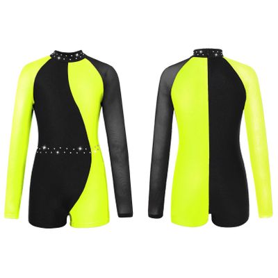 Agoky Kids Girls Ballet Dance Unitard Yoga Outfit Long Sleeve Biketard Rhinestone Gymnastics Leotard Athletic Tracksuit Fluorescent Yellow 6 Years