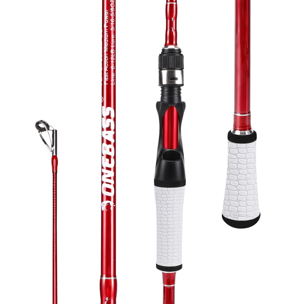 One Bass Fishing Rod, Spinning & Casting Fishing Pole with 30 Ton Carbon Fiber-7' Spinning- Red