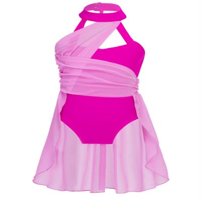 FEESHOW Girls Mock-Neck Cutout Back Lyrical Dance Dress Costumes for Contemporary Ballet Dance wear Leotard Wrap Skirt Rose 14 Years