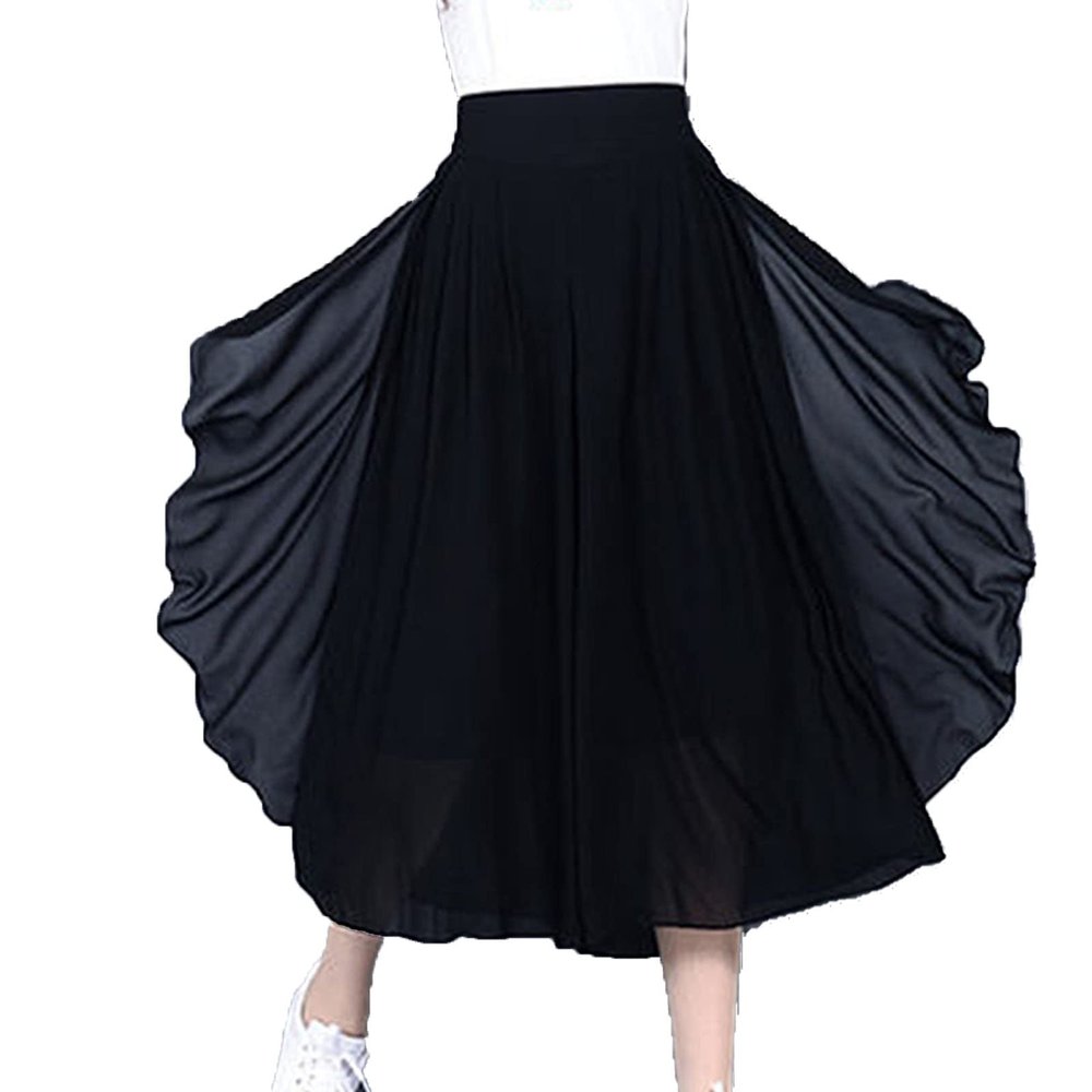 DGHM-JLMY Women's Chiffon Wide Leg Culottes High Waist Casual Palazzo Dress Pant Loose Layer Elastic Waist Pants (Black,Medium,5,OZ)