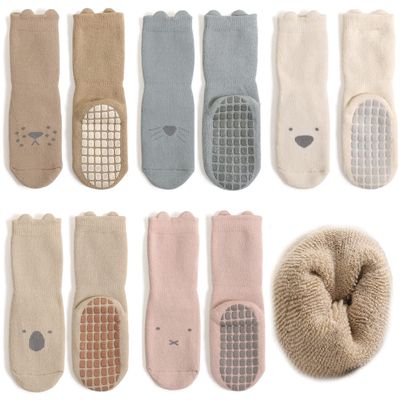 Exegawe Baby Non Slip Socks Winter - 5 Pairs Toddler Kids Thick Warm Crew Socks with Grips (Animal Solid,S/6-12m), Infant