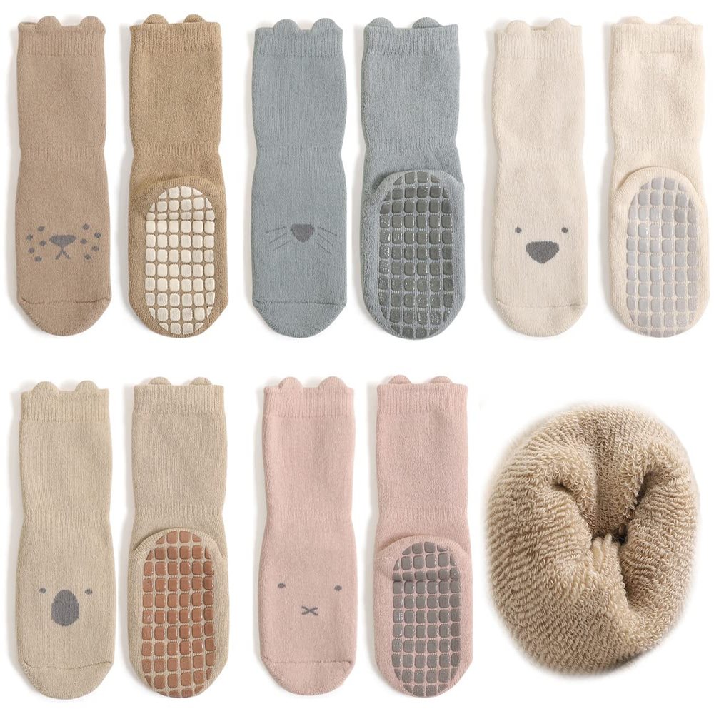 Exegawe Baby Non Slip Socks Winter - 5 Pairs Toddler Kids Thick Warm Crew Socks with Grips (Animal Solid,S/6-12m), Infant