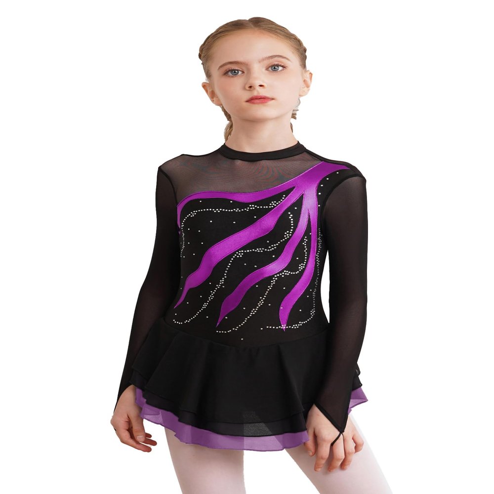 Loyan Kids Girls Shiny Ice Figure Skating Dress Mesh Long Sleeve Roller Skating Dance Competition Performance Costume Purple 6 Years