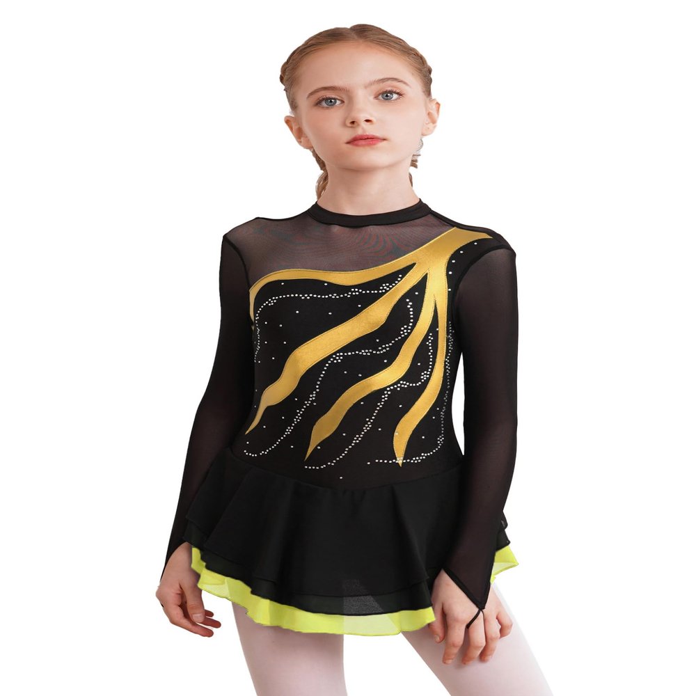 Loyan Kids Girls Shiny Ice Figure Skating Dress Mesh Long Sleeve Roller Skating Dance Competition Performance Costume Yellow 6 Years