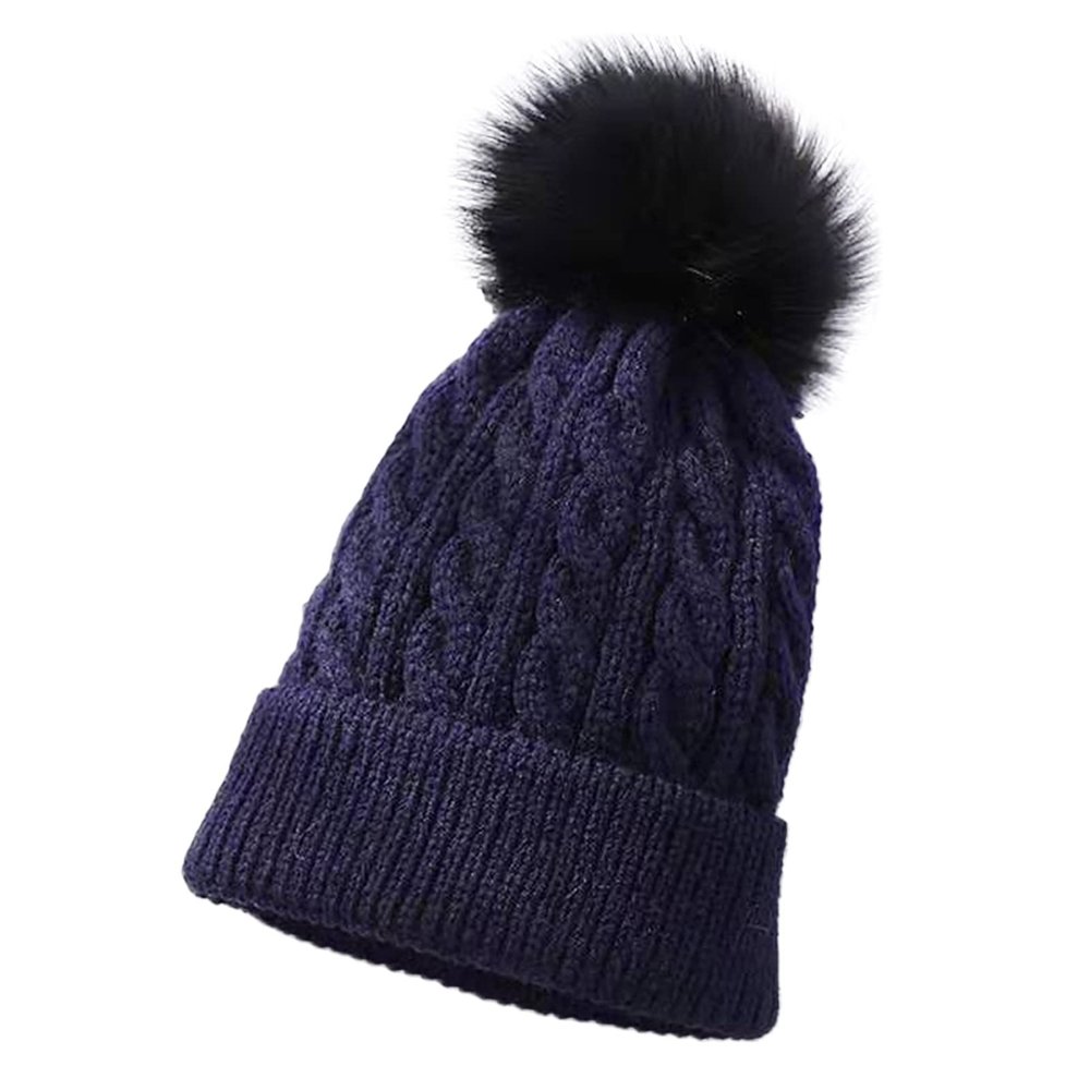Kids Winter Knit Hat Warm Fleece Lined Hats Children Cable Baby Cute Pompom Cap for 0-3 Years Old Girls (Navy, One Size)