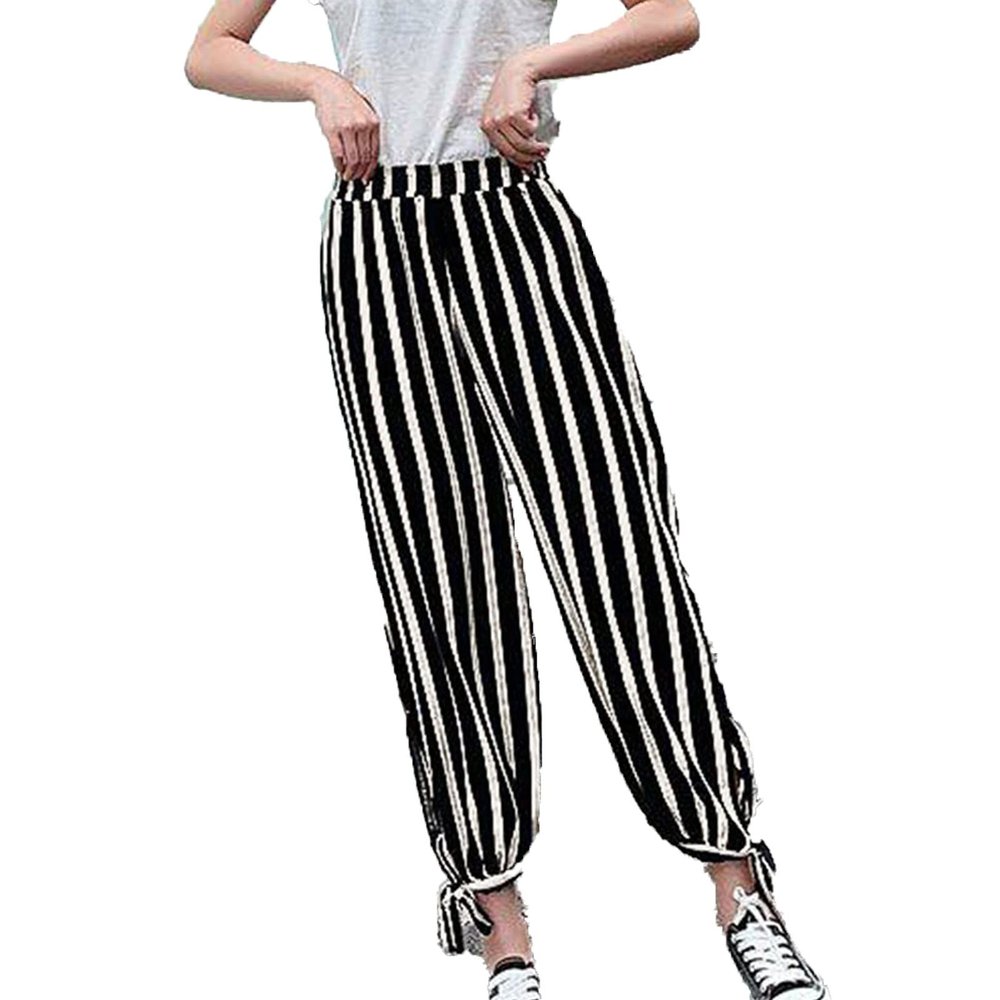 Women's Plaid Polka Dot Loose Casual Pants Workout Sweatpants Elastic Waist Comfy Tie Leg Striped Plaid Long Pants (Black,Small,5,OZ)