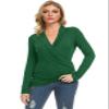 Afibi Womens Slim Fitted Deep V Neck Cross Wrap Top Long Sleeve T-Shirts (Small, Dark Green) view 4
