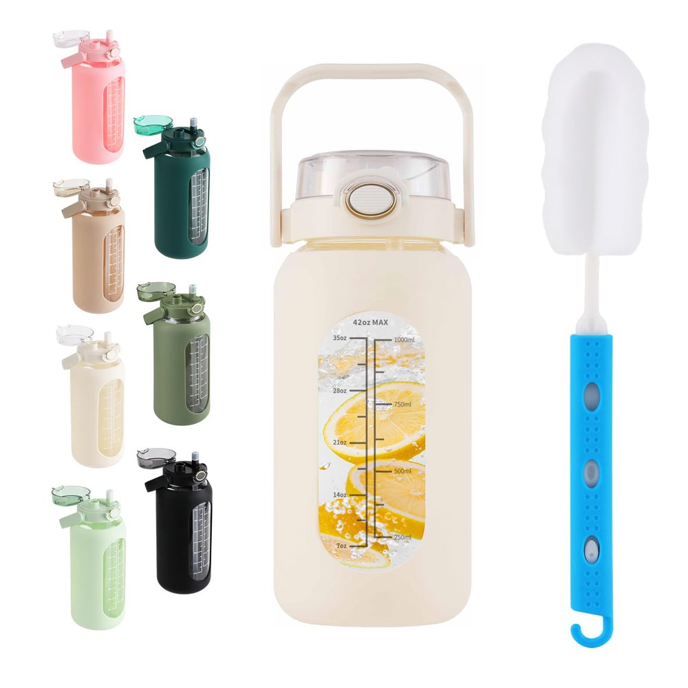42 oz Glass Water Bottle with 2-in-1 Straw Lid Large Half Gallon Water Bottle with Time Marker & Removable Silicone Sleeve,Wide Mouth BPA-Free Borosilicate Bottle for Gym, Workout & Daily Use