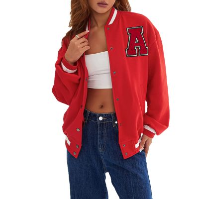 Womens Y2K Bomber Jacket Casual Letter Embroidered Button Down Varsity Jacket PU Long Sleeve Boyfriend Baseball Coat (C-Red , XL )