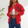 Womens Y2K Bomber Jacket Casual Letter Embroidered Button Down Varsity Jacket PU Long Sleeve Boyfriend Baseball Coat (C-Red , XL ) view 2