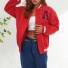 Womens Y2K Bomber Jacket Casual Letter Embroidered Button Down Varsity Jacket PU Long Sleeve Boyfriend Baseball Coat (C-Red , XL ) view 3