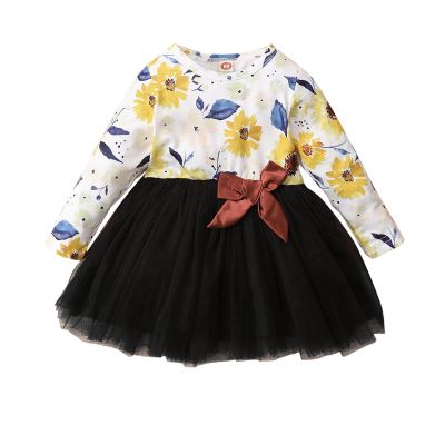 Baby Girls Outfit Toddler Kids Girls Infant Floral Prints Long Sleeves Mesh Tulle Princess Dress (Black, 0-3 Months)