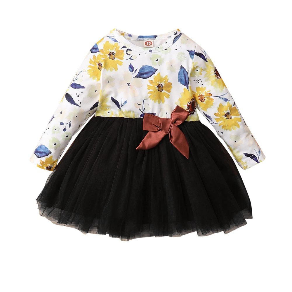 Baby Girls Outfit Toddler Kids Girls Infant Floral Prints Long Sleeves Mesh Tulle Princess Dress (Black, 0-3 Months)
