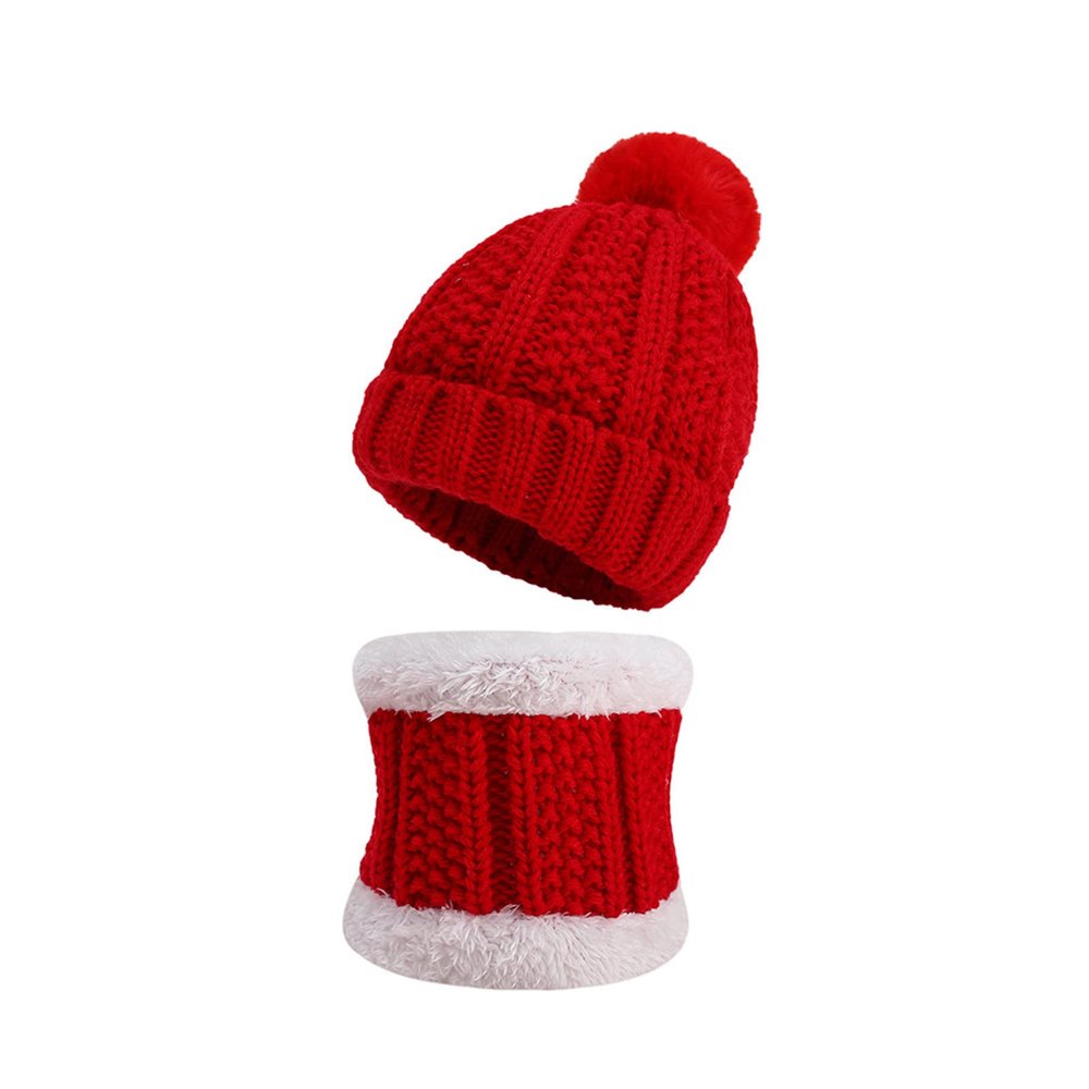 Baby Warm Hat Toddler Scarf Boy Girl Knitted Neck Warmer Infant Scarves Kids Pompom Hats Circle Loop (Red, One Size)