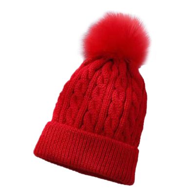 Kids Winter Knit Hat Warm Fleece Lined Hats Children Cable Baby Cute Pompom Cap for 0-3 Years Old Girls (Red, One Size)
