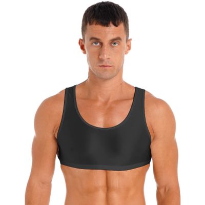Agoky Mens Fashion Tank Tops Shiny U Neck Crop Tops See Through Streetwear Party Nightclub Vests 3#Black X-Large