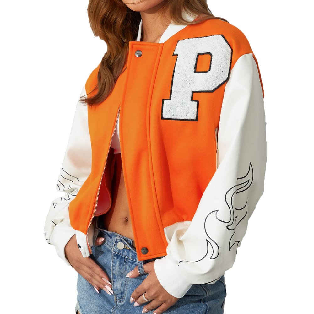Womens Y2K Bomber Jacket Casual Letter Embroidered Button Down Varsity Jacket PU Long Sleeve Boyfriend Baseball Coat (B-Orange , XL )