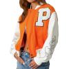 Womens Y2K Bomber Jacket Casual Letter Embroidered Button Down Varsity Jacket PU Long Sleeve Boyfriend Baseball Coat (B-Orange , XL ) view 1