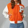 Womens Y2K Bomber Jacket Casual Letter Embroidered Button Down Varsity Jacket PU Long Sleeve Boyfriend Baseball Coat (B-Orange , XL ) view 2