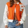 Womens Y2K Bomber Jacket Casual Letter Embroidered Button Down Varsity Jacket PU Long Sleeve Boyfriend Baseball Coat (B-Orange , XL ) view 4