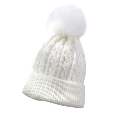 Kids Winter Knit Hat Warm Fleece Lined Hats Children Cable Baby Cute Pompom Cap for 0-3 Years Old (White, One Size)