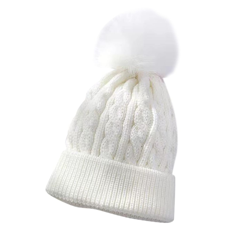 Kids Winter Knit Hat Warm Fleece Lined Hats Children Cable Baby Cute Pompom Cap for 0-3 Years Old (White, One Size)