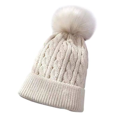 Kids Winter Knit Hat Warm Fleece Lined Hats Children Cable Baby Cute Pompom Cap for 0-3 Years Old (Beige, One Size)