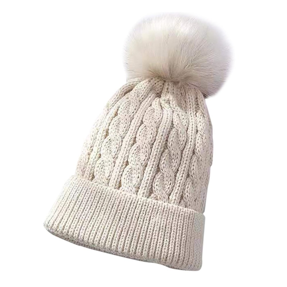 Kids Winter Knit Hat Warm Fleece Lined Hats Children Cable Baby Cute Pompom Cap for 0-3 Years Old (Beige, One Size)