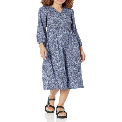 Amazon Essentials Women's Lightweight Georgette Long Sleeve V-Neck Midi Dress (Available in Plus Size), Blue Ditsy Floral, Medium