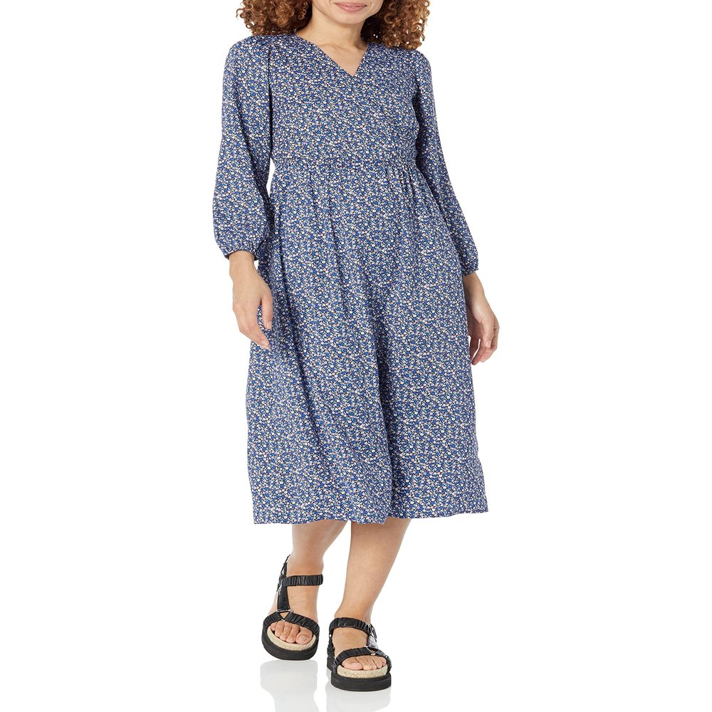 Amazon Essentials Women's Lightweight Georgette Long Sleeve V-Neck Midi Dress (Available in Plus Size), Blue Ditsy Floral, Medium