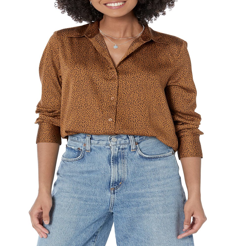 Amazon Essentials Women's Classic-Fit Satin Button Down Blouse, Dark Chestnut Brown, Leopard, Small